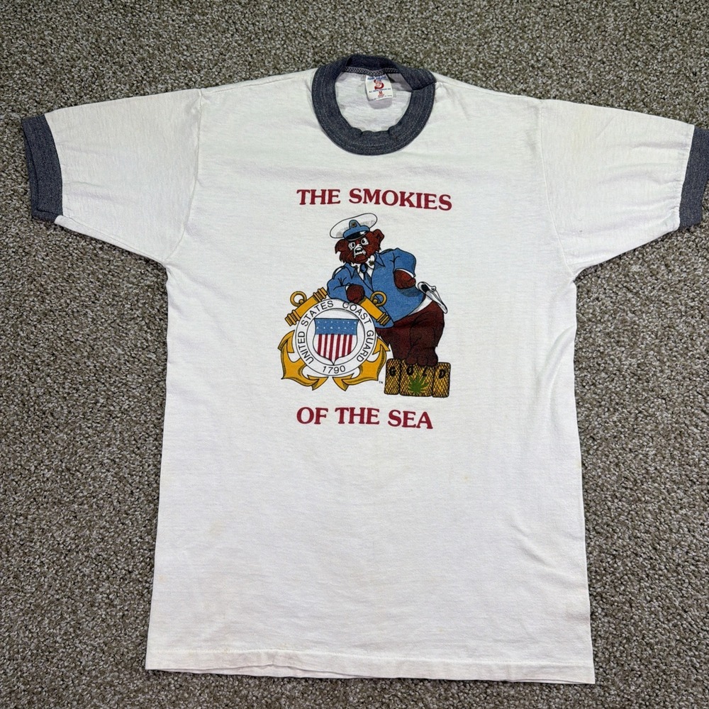 70s Military Ringer Tee Marijuana Humor Size Medium Smokies Of The Sea White
